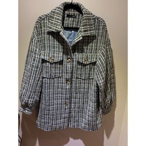 On Blue Women Multicolor Tweed Button Up Shirt Jacket Shacket Gold Black White